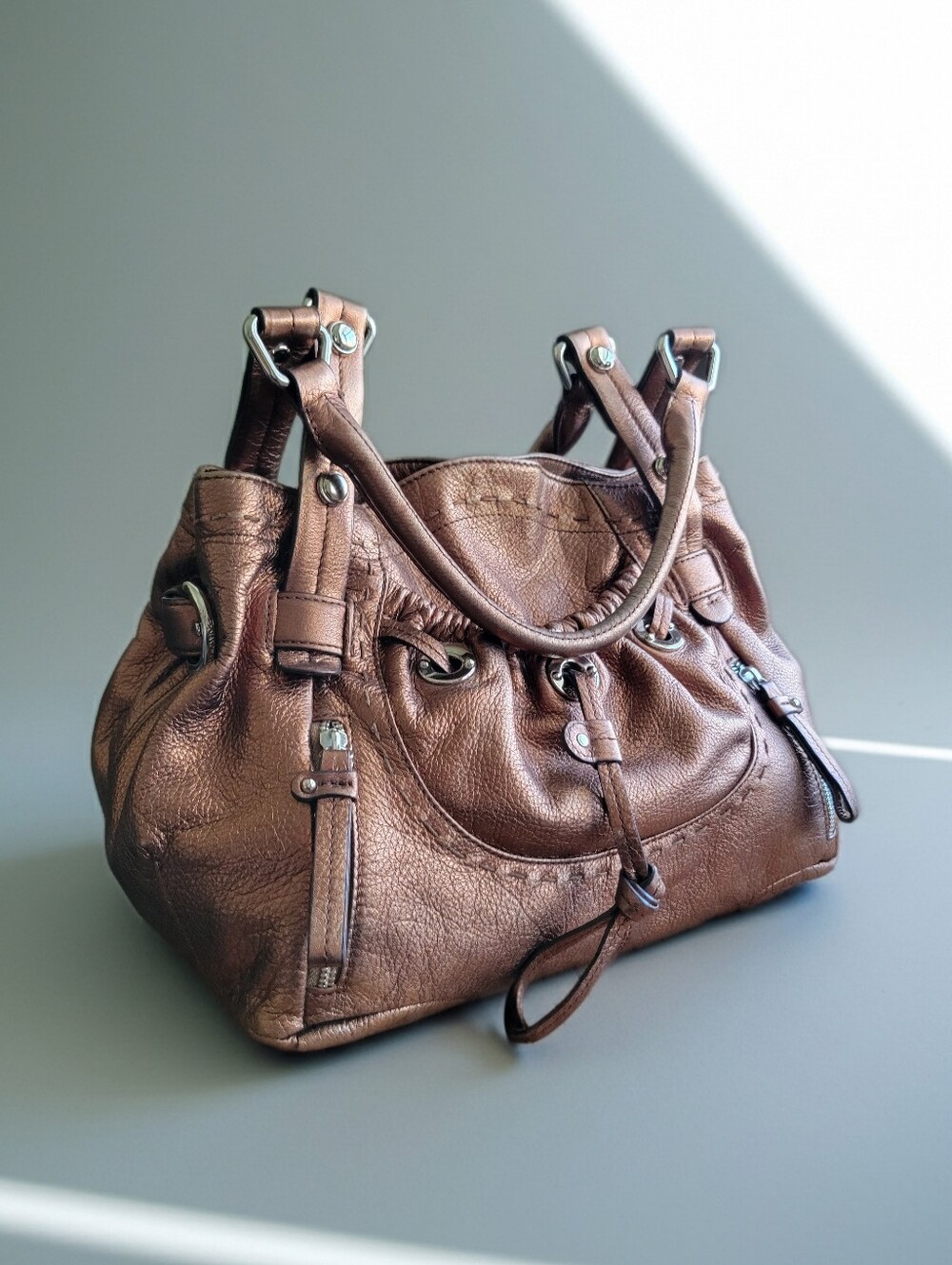 B. Makowsky Ultra Soft Copper Bronze Genuine Pebble Leather Large Tote - Picture 2 of 11